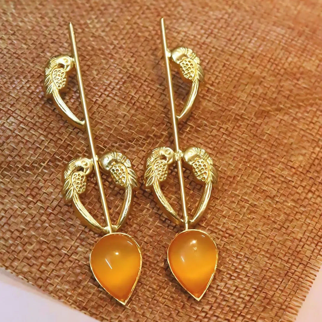 Brass Yellow stone Birds Earrings