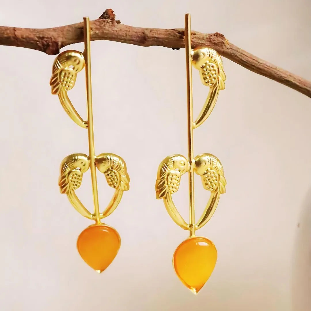 Brass Yellow stone Birds Earrings