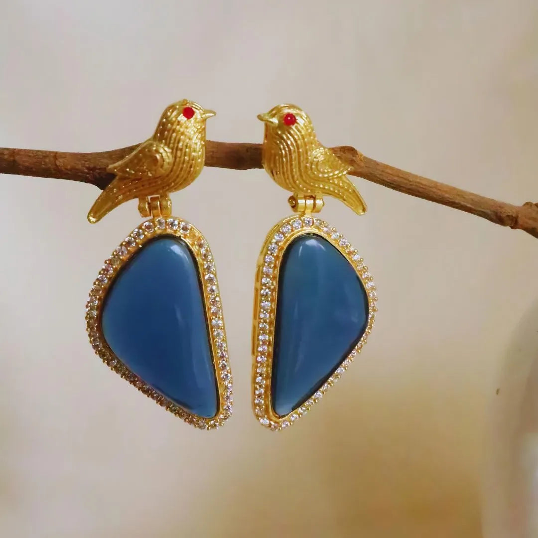 Blue Bird Statement Brass Earrings