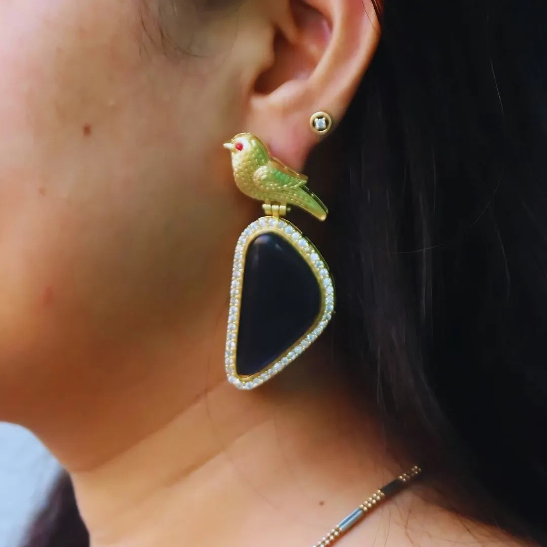 Blue Bird Statement Brass Earrings