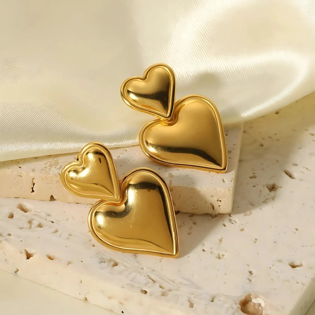 Chunky Double Heart Earrings - 18k Gold Plated Earrings