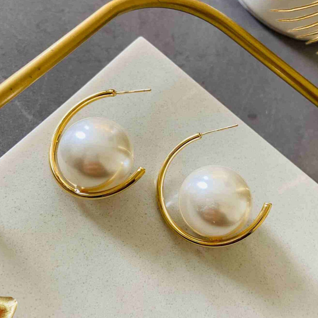 Gold-Tone Big Pearl Hoop Earrings
