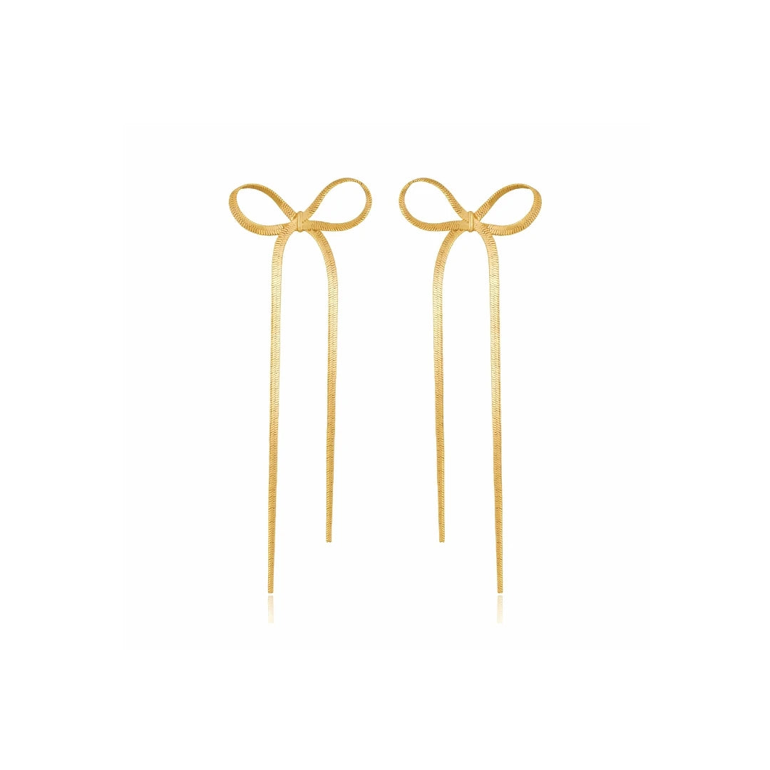 Ribbon Hanging Bow Danglers - 18k Gold Plated