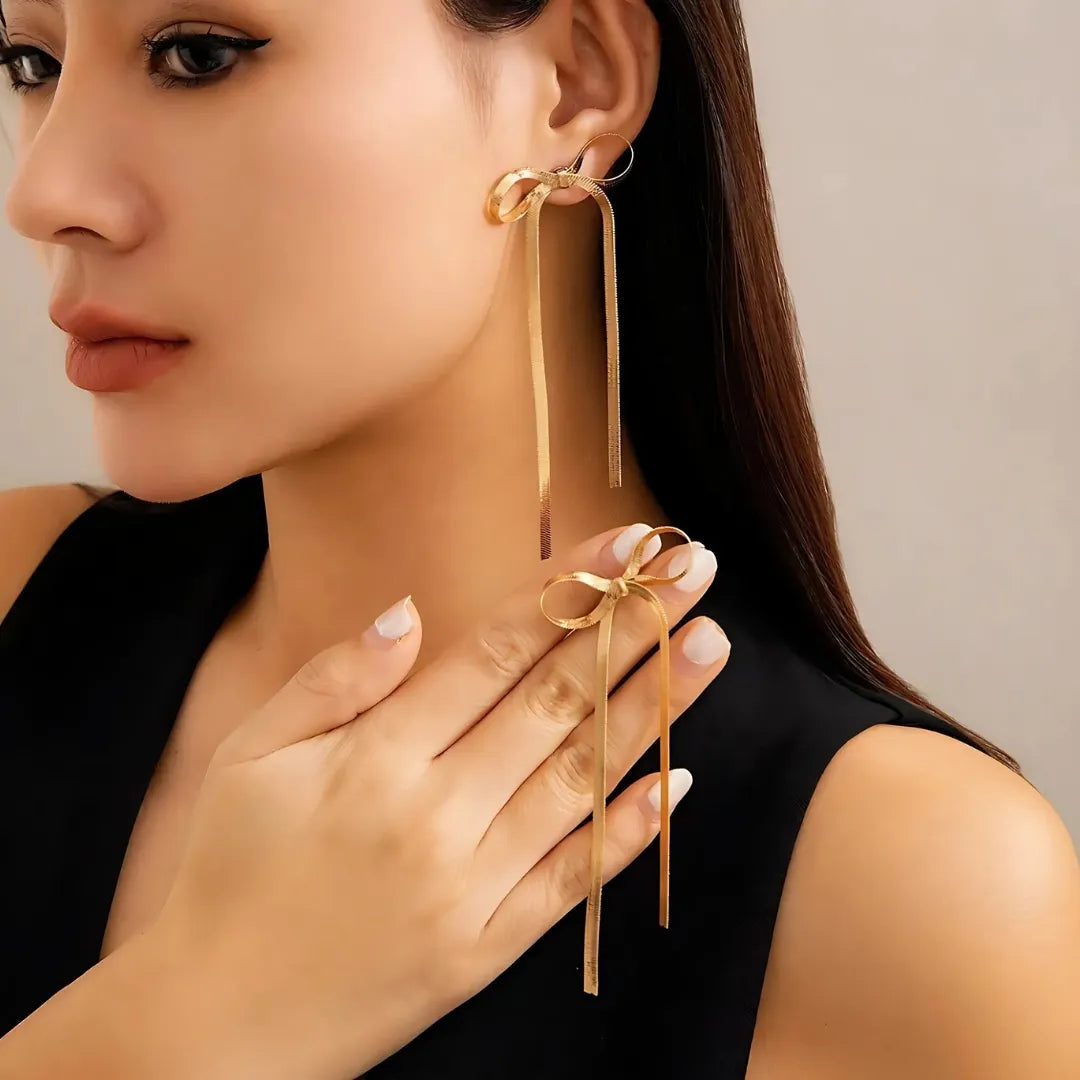 Ribbon Hanging Bow Danglers - 18k Gold Plated