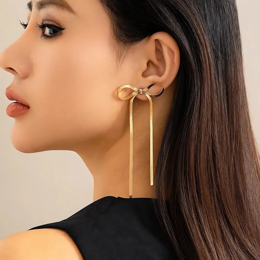 Ribbon Hanging Bow Danglers - 18k Gold Plated