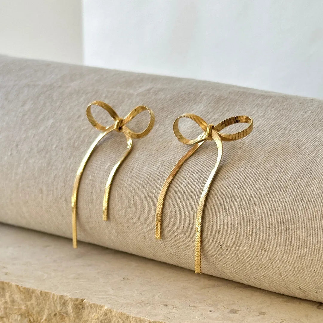 Ribbon Hanging Bow Danglers - 18k Gold Plated