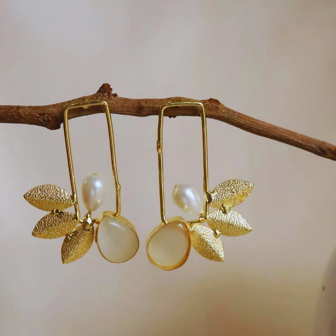 White stone Brass Leaf Earrings