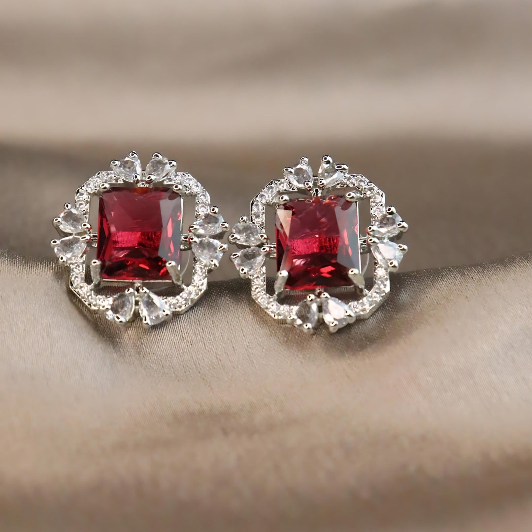 Red Square Stone Embellished AD Earrings