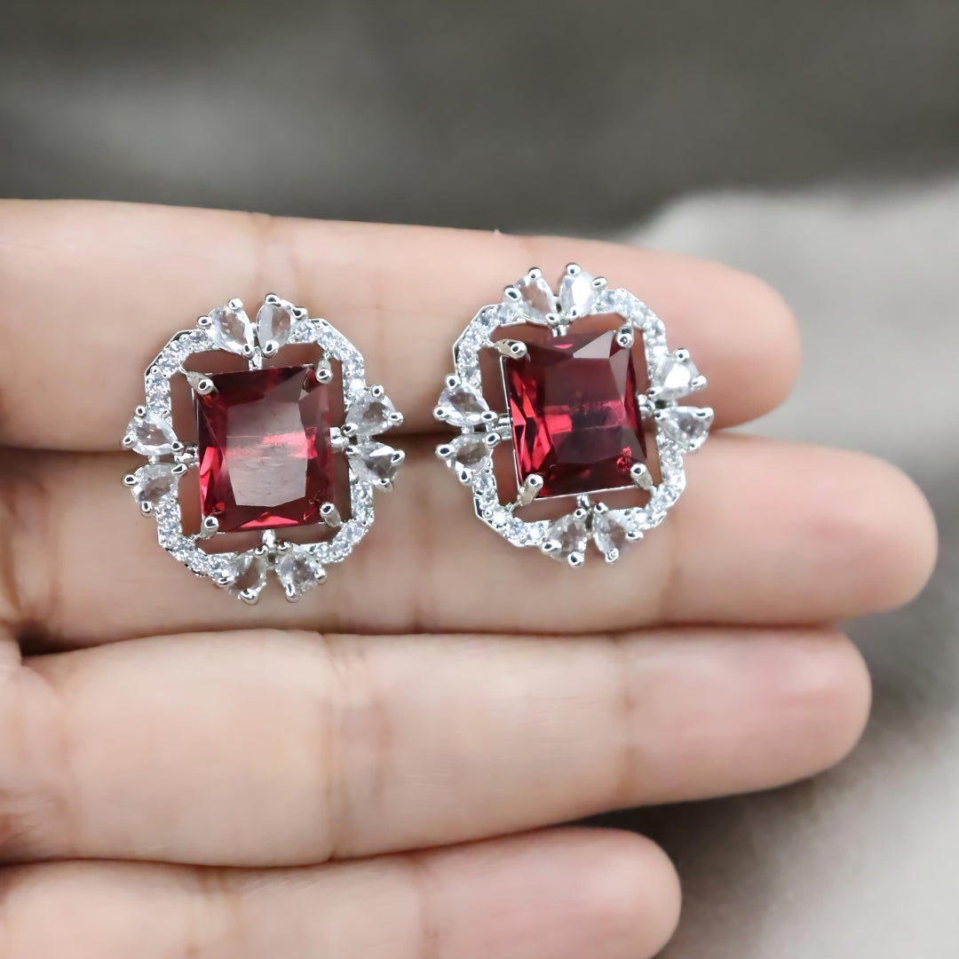 Red Square Stone Embellished AD Earrings