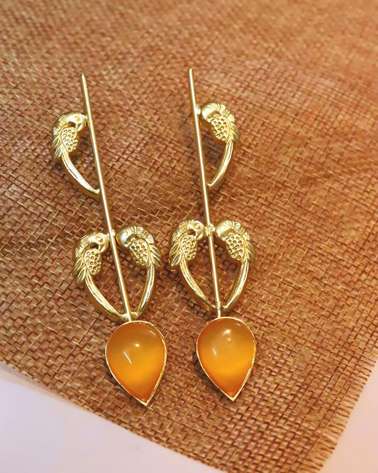 Brass Yellow stone Birds Earrings