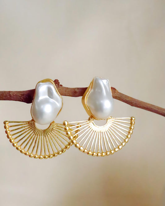 Natural Pearl Half Sun Brass Earrings