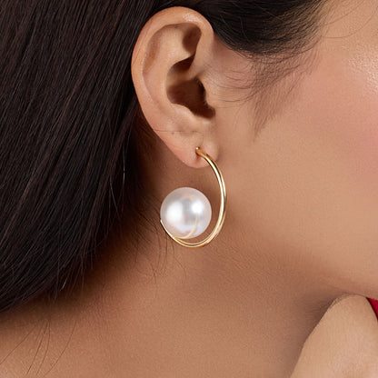 Gold-Tone Big Pearl Hoop Earrings