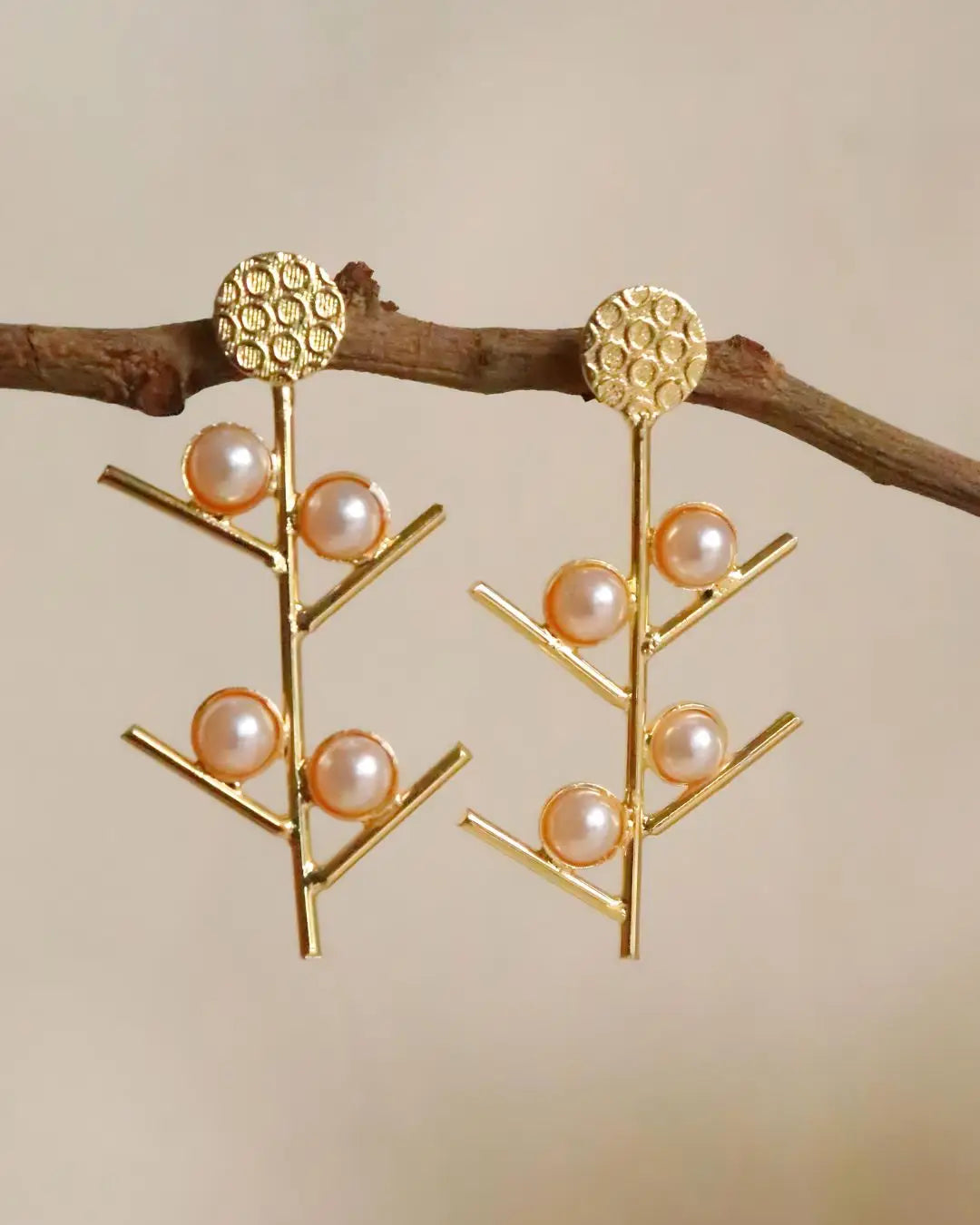 Sleek Golden Line Pearls Brass Earrings