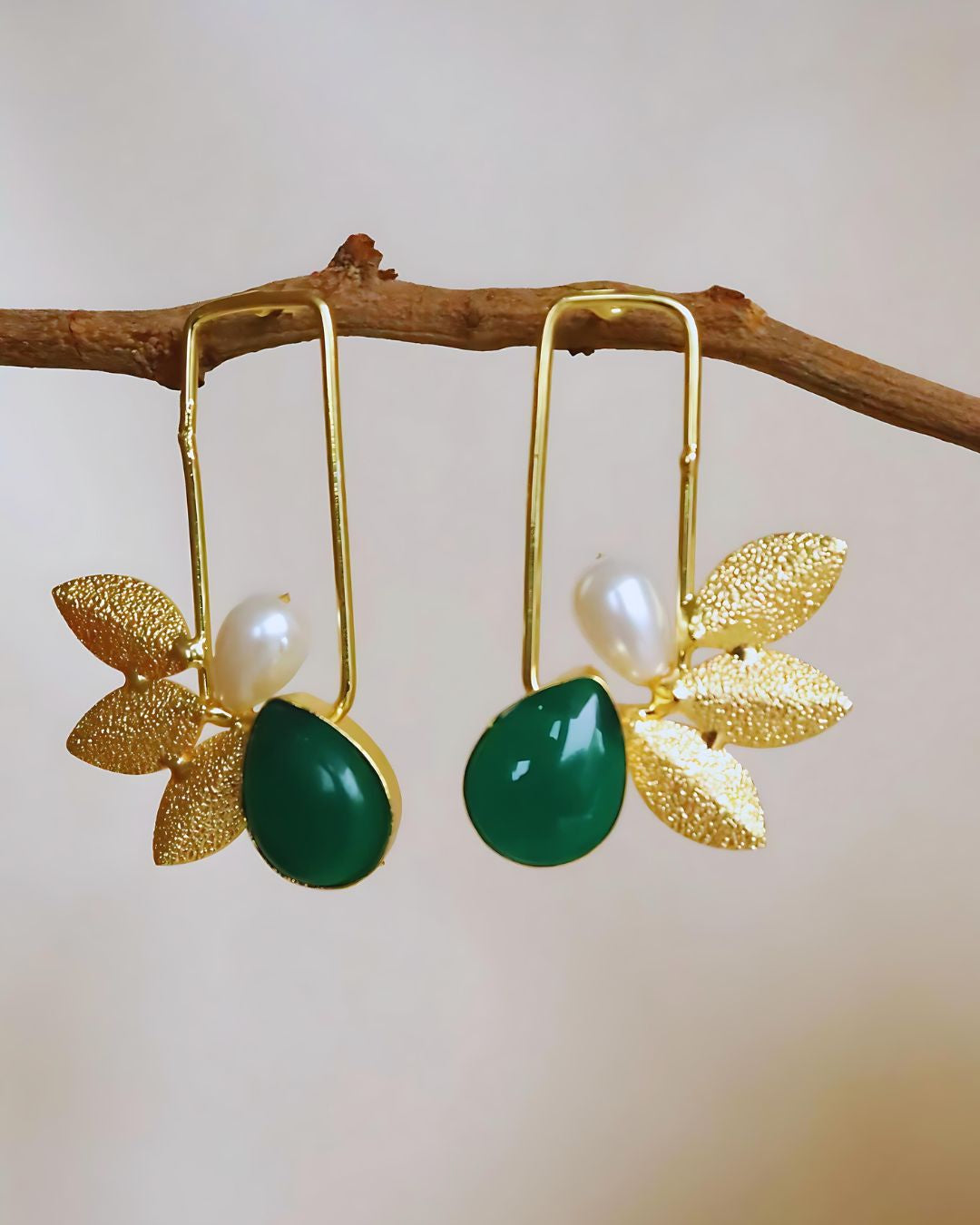 Green stone Brass Leaf Earrings