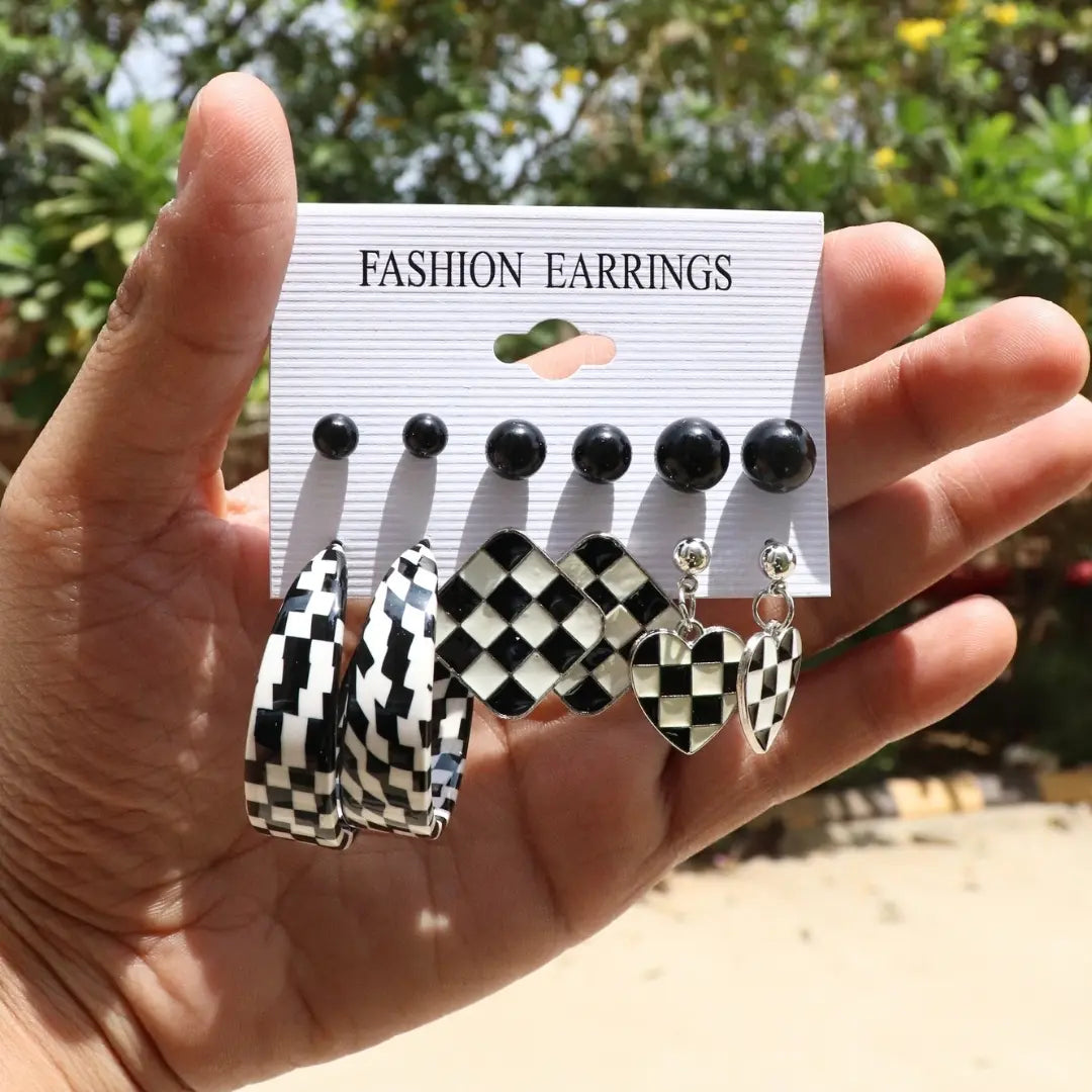 Black & White Earrings Set (Combo of 6 pairs)