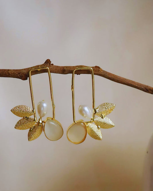 White stone Brass Leaf Earrings