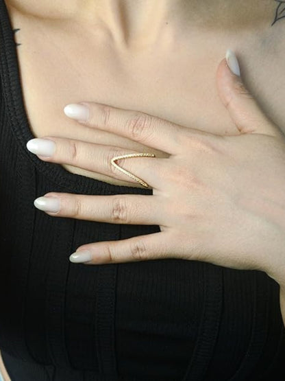 Stone-Studded Stackable Reversible V Ring (Gold Color)