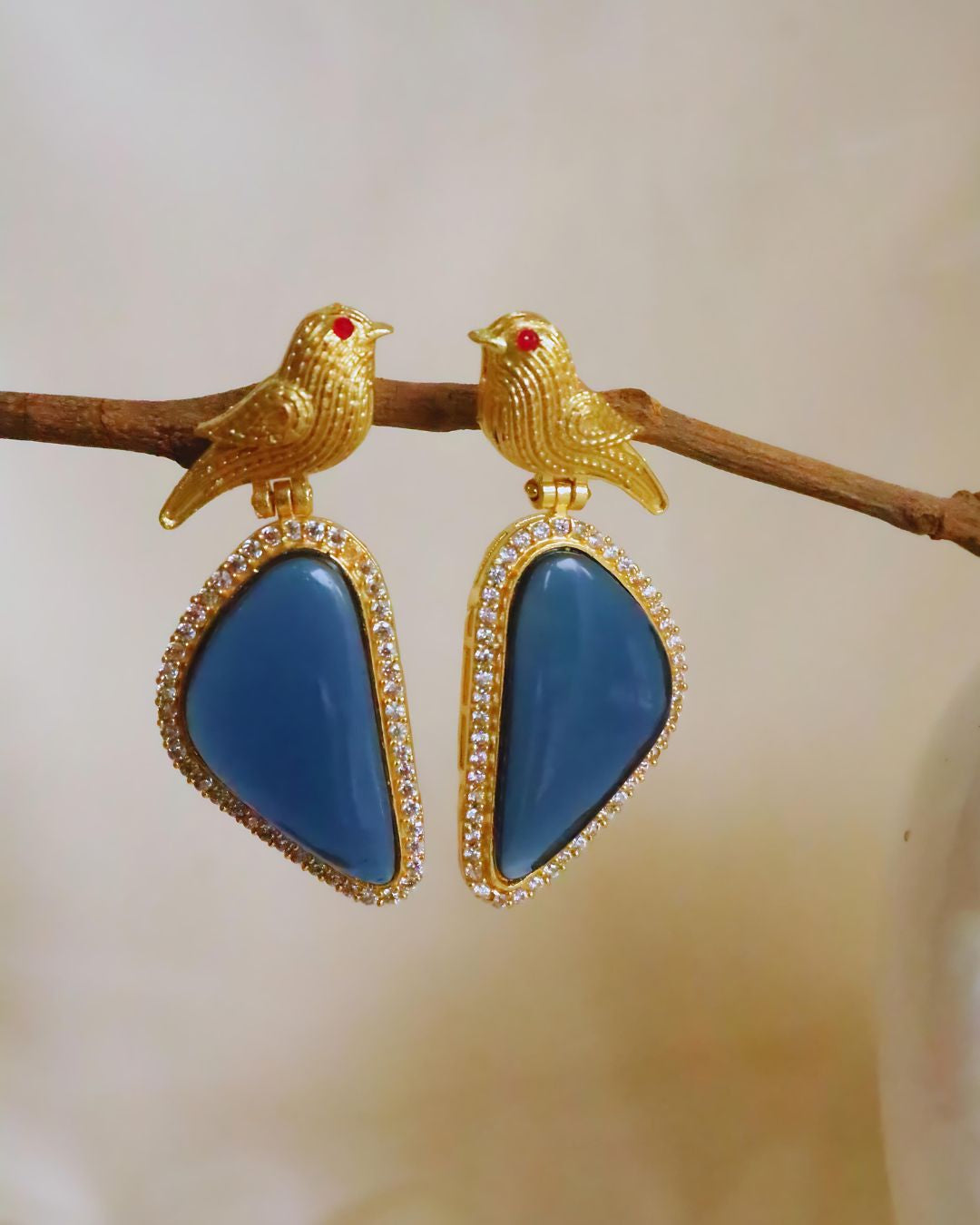 Blue Bird Statement Brass Earrings