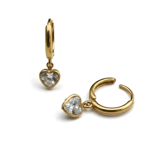 Crystal Heart Charm Hoop Earrings - 18K Gold Plated