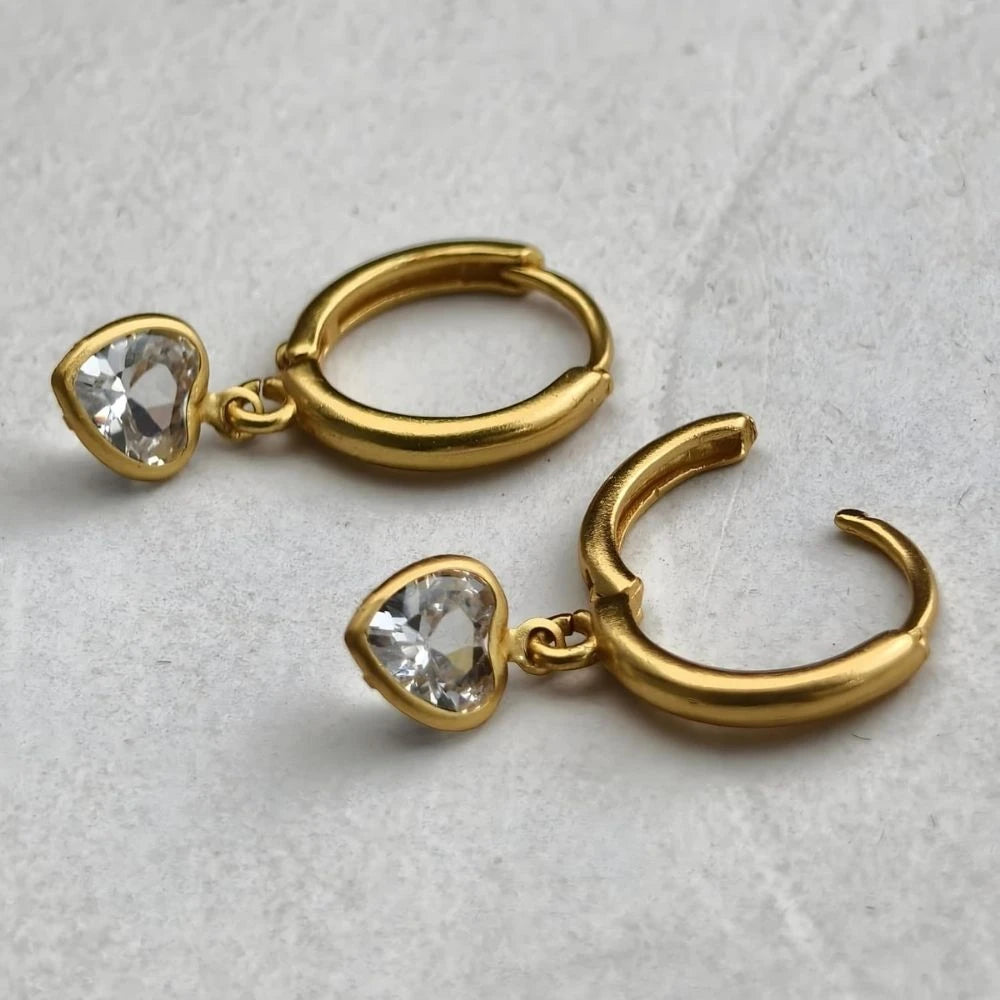 Crystal Heart Charm Hoop Earrings - 18K Gold Plated