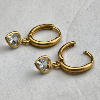 Crystal Heart Charm Hoop Earrings - 18K Gold Plated