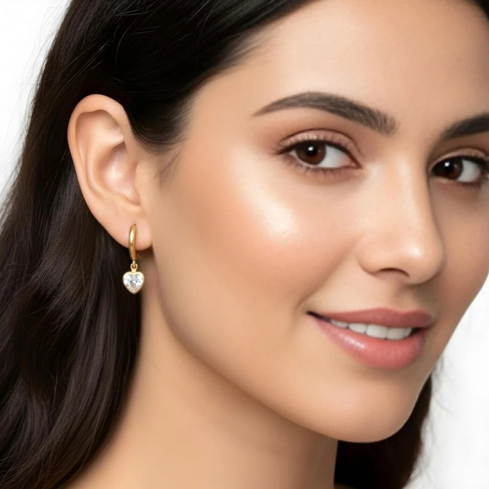 Crystal Heart Charm Hoop Earrings - 18K Gold Plated