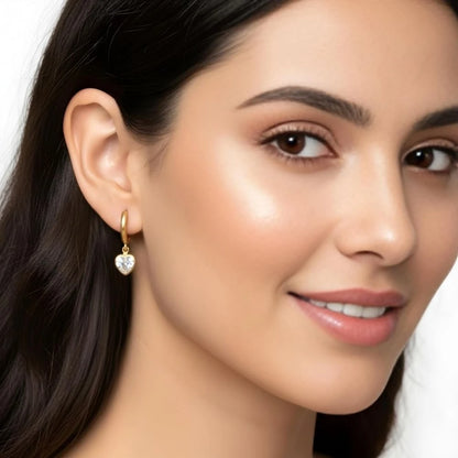 Crystal Heart Charm Hoop Earrings - 18K Gold Plated