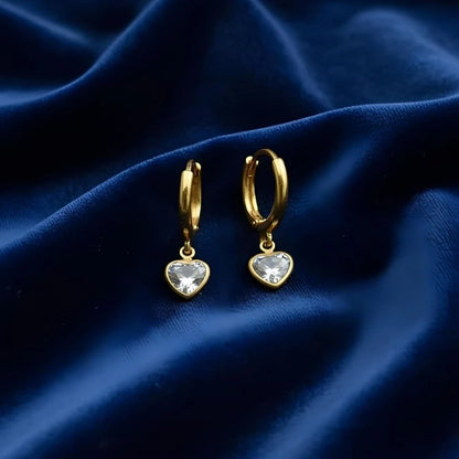 Crystal Heart Charm Hoop Earrings - 18K Gold Plated