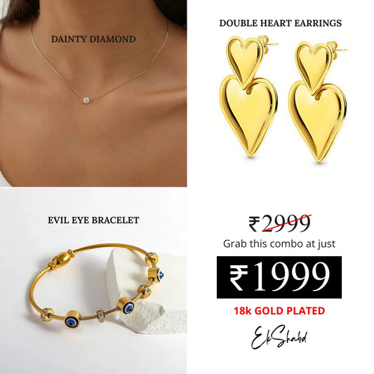 Dainty Diamond + Double Heart Earrings + Evil Eye Bracelet Combo