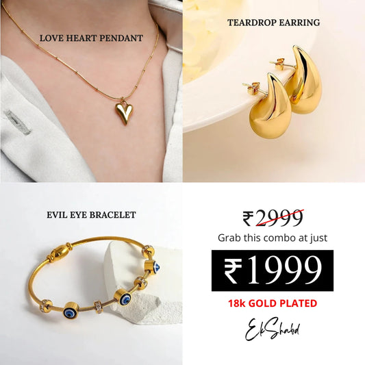 Evil Eye Bracelet + Teardrop Earrings + Love Heart Pendant Combo