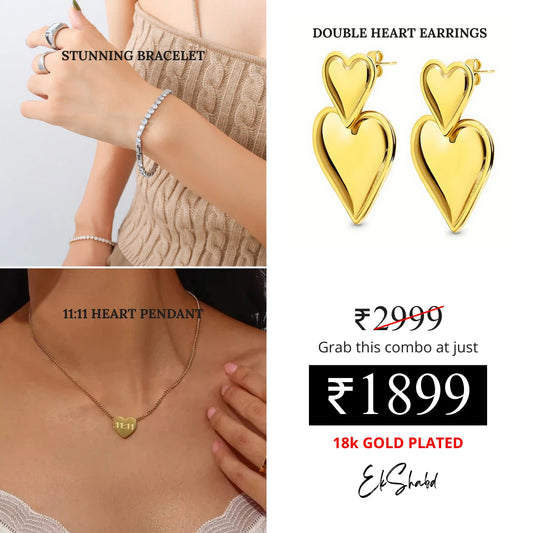 Double Heart Earrings + Stunning Bracelet + 11:11 Heart Pendant Combo