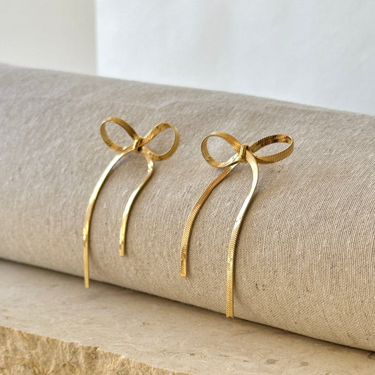 Ribbon Knot Bow Hanging Dangle Gold Earrings