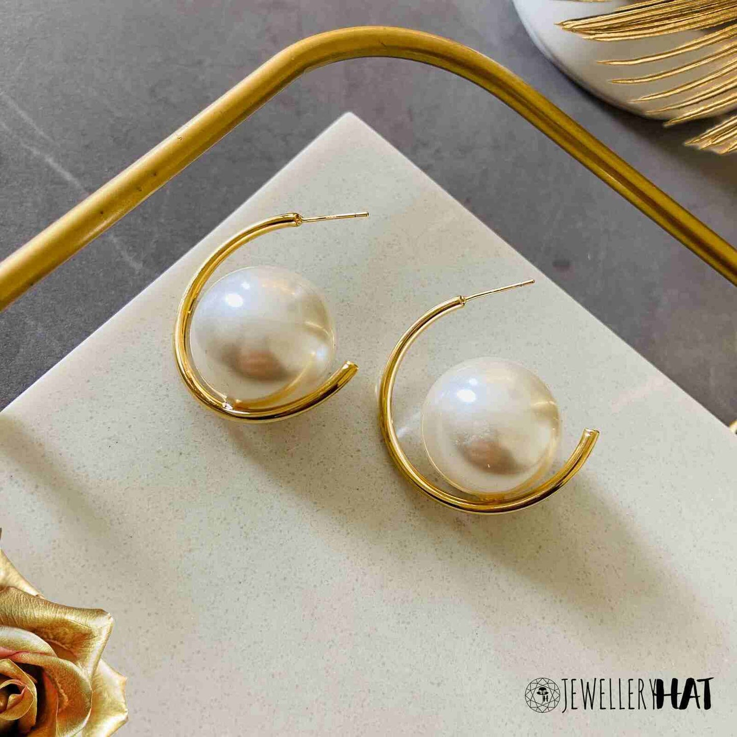 Gold-Tone Big Pearl Hoop Earrings