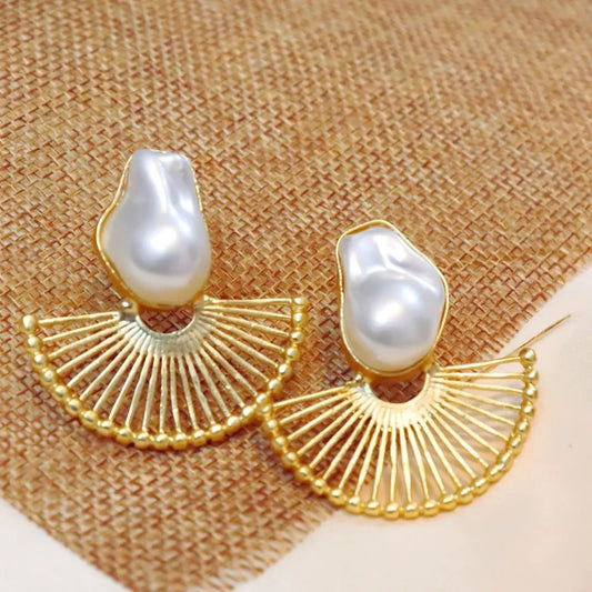 Natural Pearl Half Sun Brass Earrings