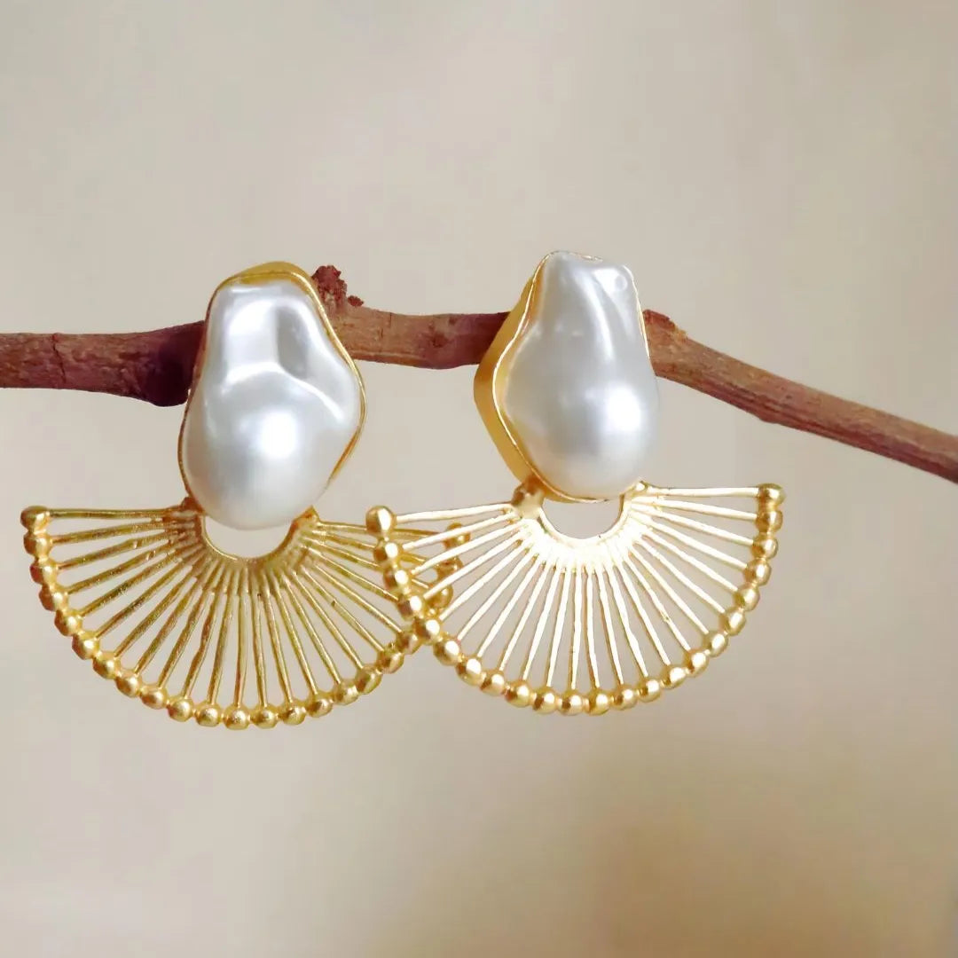 Natural Pearl Half Sun Brass Earrings