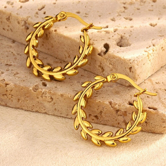 Olive Leaf Hoop Earrings - 18K Gold Plated