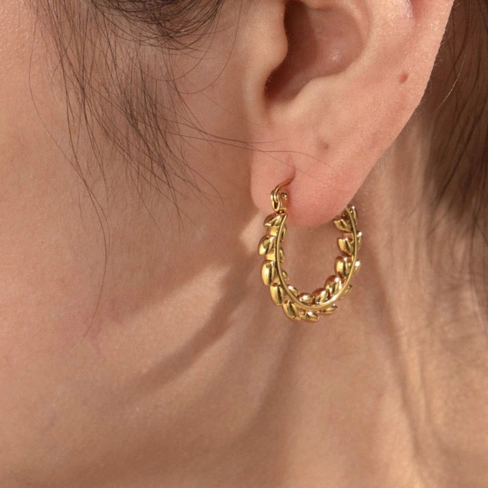 Olive Leaf Hoop Earrings - 18K Gold Plated