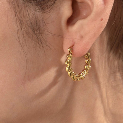 Olive Leaf Hoop Earrings - 18K Gold Plated