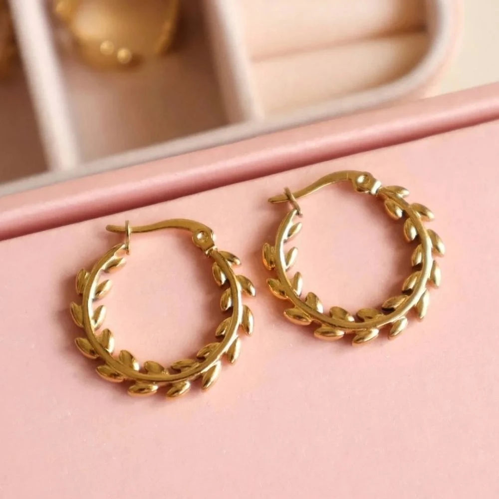 Olive Leaf Hoop Earrings - 18K Gold Plated
