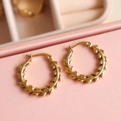 Olive Leaf Hoop Earrings - 18K Gold Plated