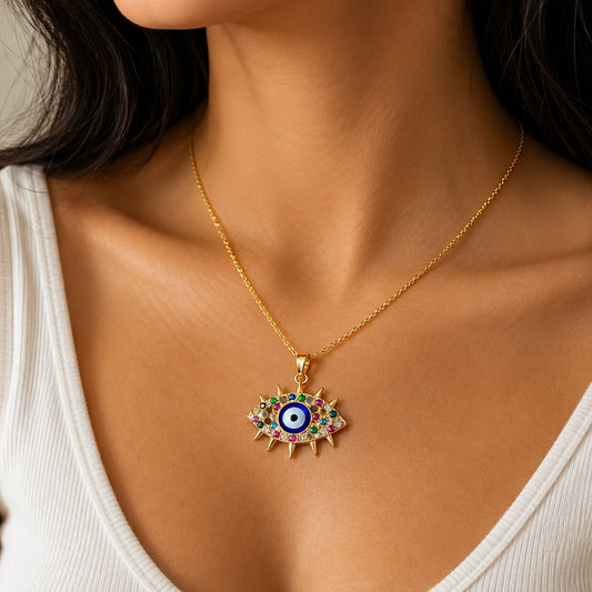 Radiant Evil Eye Pendant Necklace – 18K Gold Plated