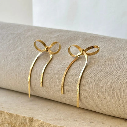 Ribbon Hanging Bow Danglers - 18k Gold Plated