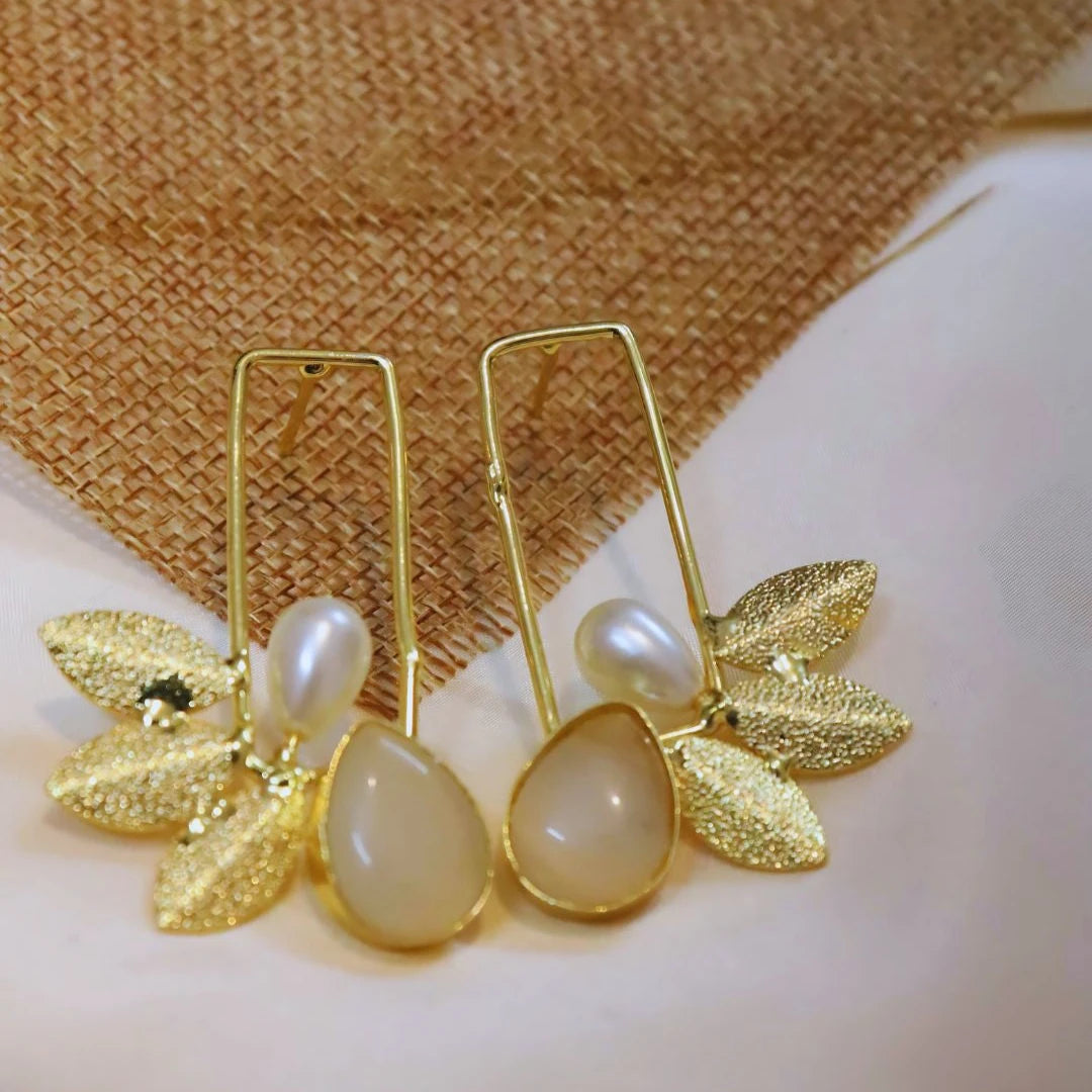 White stone Brass Leaf Earrings