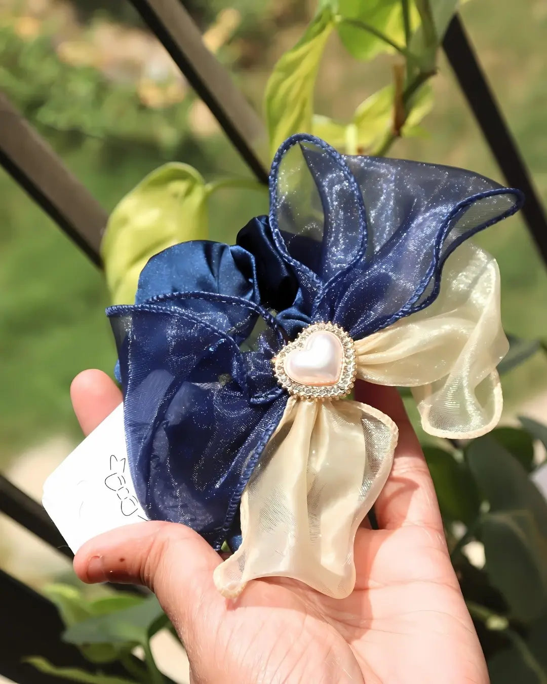 Blue Beige Organza Bow Scrunchie (1 pc)