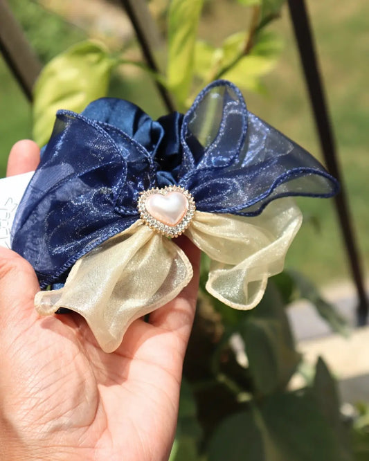 Blue Beige Organza Bow Scrunchie (1 pc)