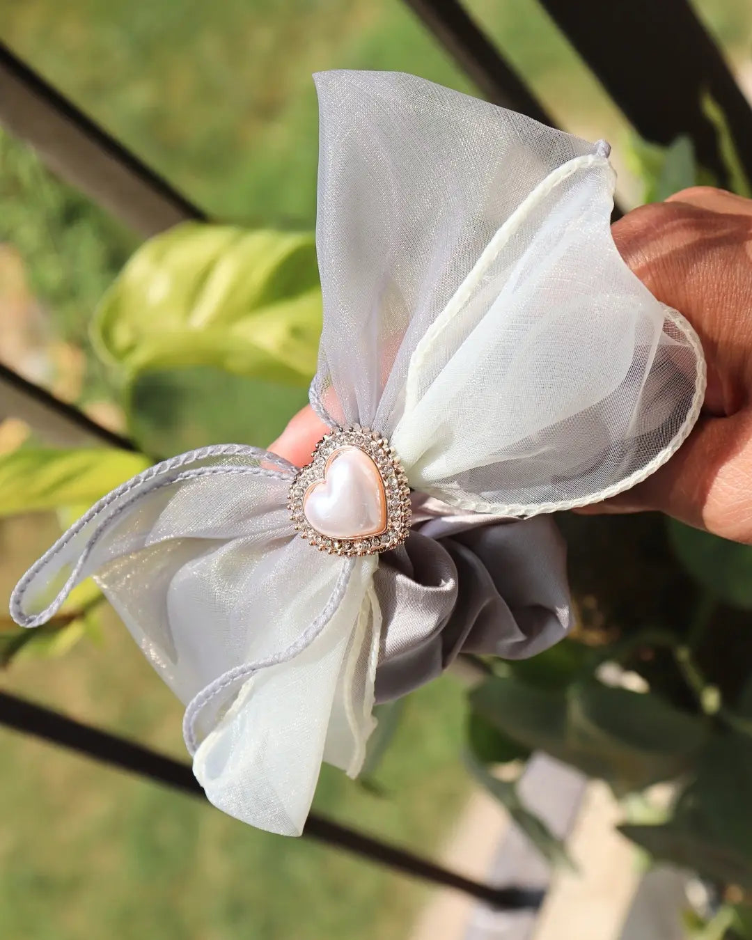 Grey White Organza Bow Scrunchie (1 pc)