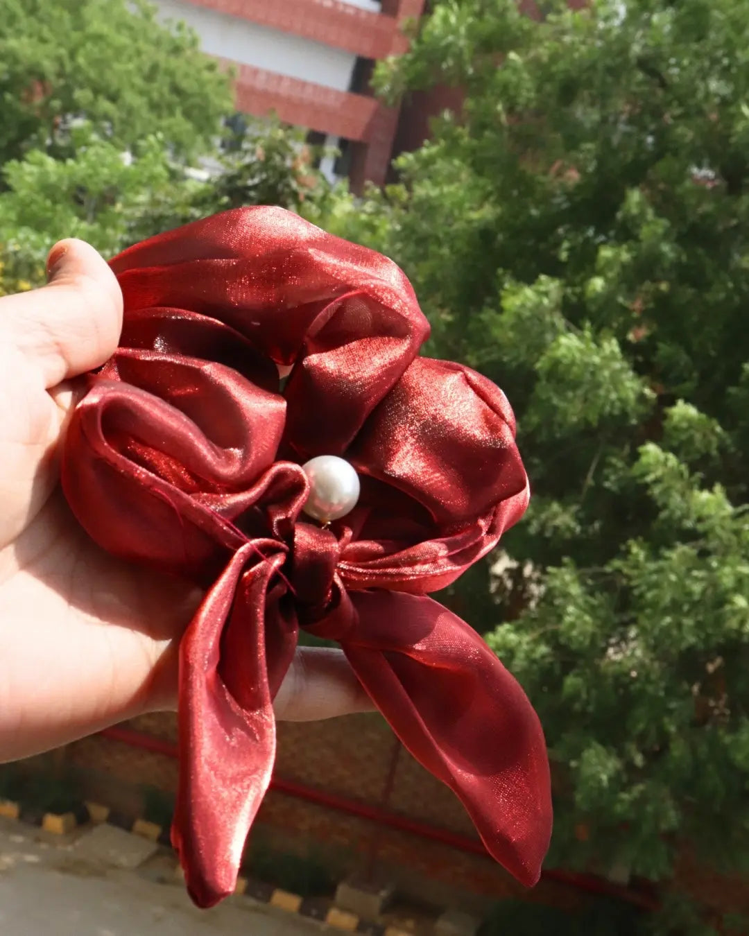 Maroon Premium Quality Pearl Bow Scrunchie (1 pc)