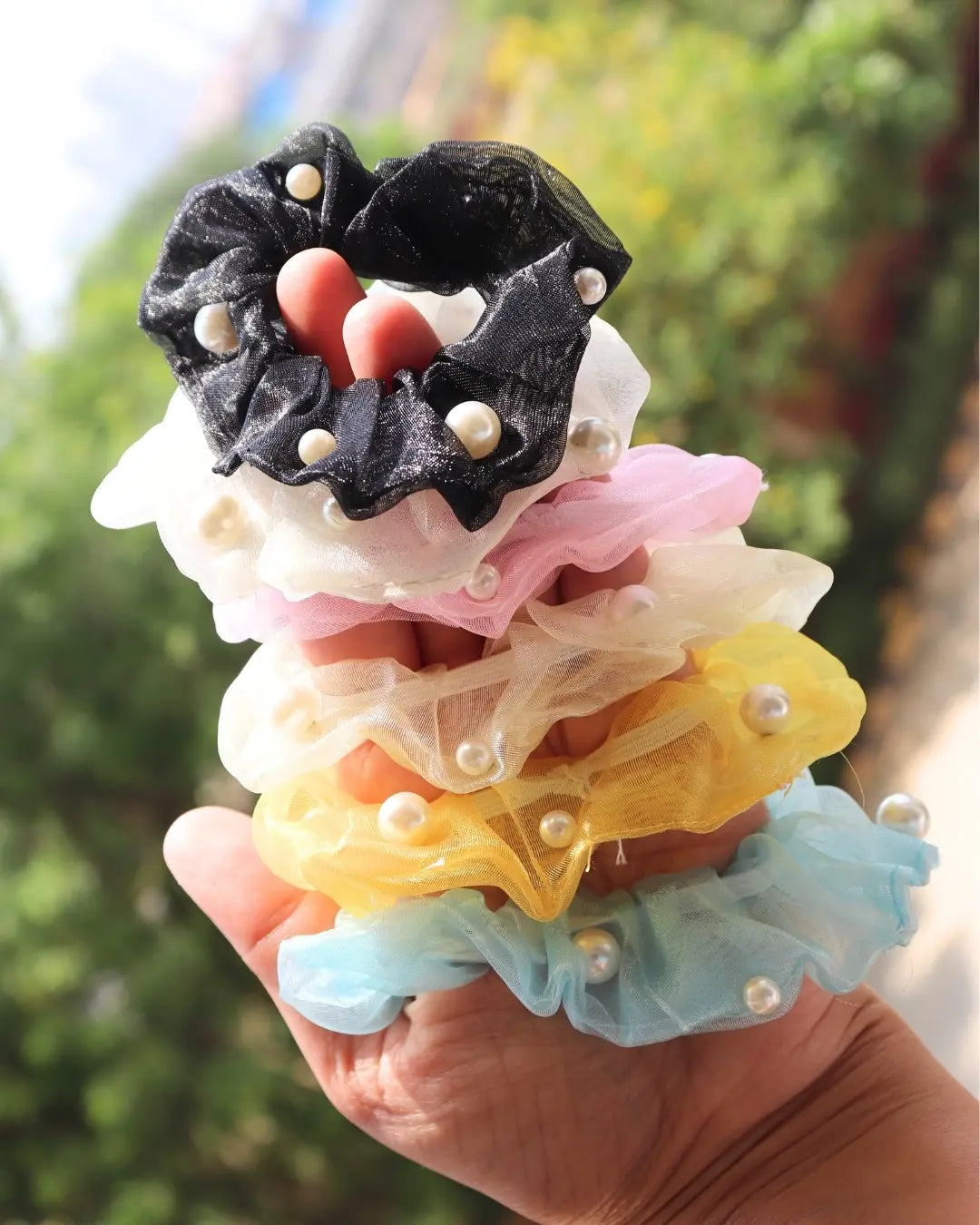 Organza Scrunchies embellished with Pearls (Random 6 pcs)