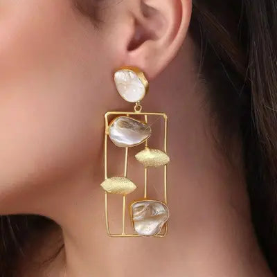 Long Cage MOP Embellished Earrings